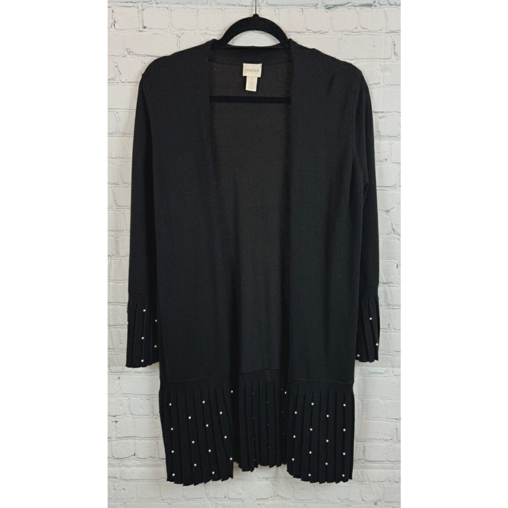 CHICO'S black knit cotton rayon pearl embellished pleated cardigan 1 M NWOT
